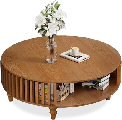 2-Tier Round Coffee Table 39.4" Round Coffee Table with Storage Mid-Century Modern Circle Accent Center Table Farmhouse Low Cocktail Tea Furniture for Living Room Small Spaces (39.4" Round)