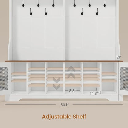 Itaar Hall Tree with Bench and Shoe Storage, 5-in-1 Entryway Bench with Coat Rack, 16 Shoe Cubbies & 12 Coat Hooks, Barn Door & Adjustable Shelf (White)