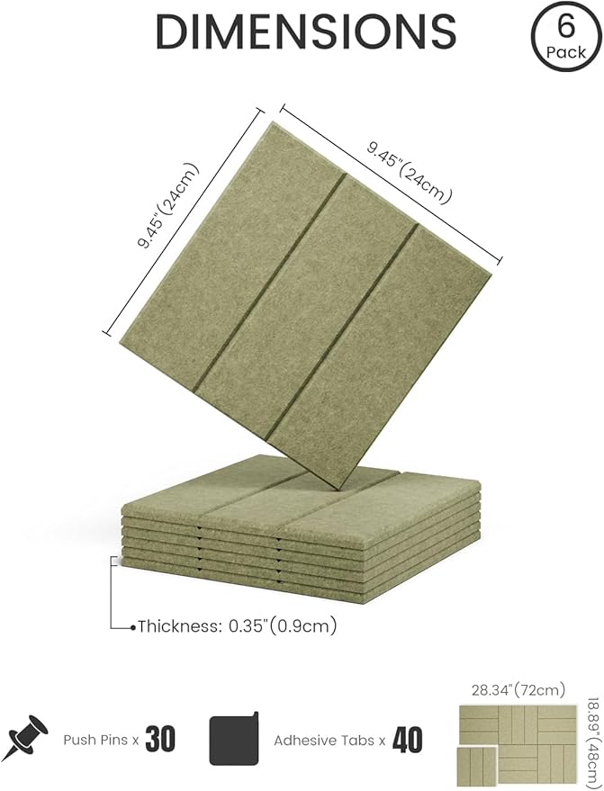 Fluxynara Felt Bulletin Board Tiles -28"x18" with 40 Adhesive Tabs, Cork Board Alternative for Office Decor, Push Pin Board Wall Organizer 6-Pack(Olive Green)
