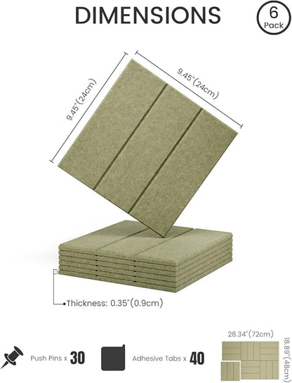 Fluxynara Felt Bulletin Board Tiles -28"x18" with 40 Adhesive Tabs, Cork Board Alternative for Office Decor, Push Pin Board Wall Organizer 6-Pack(Olive Green)