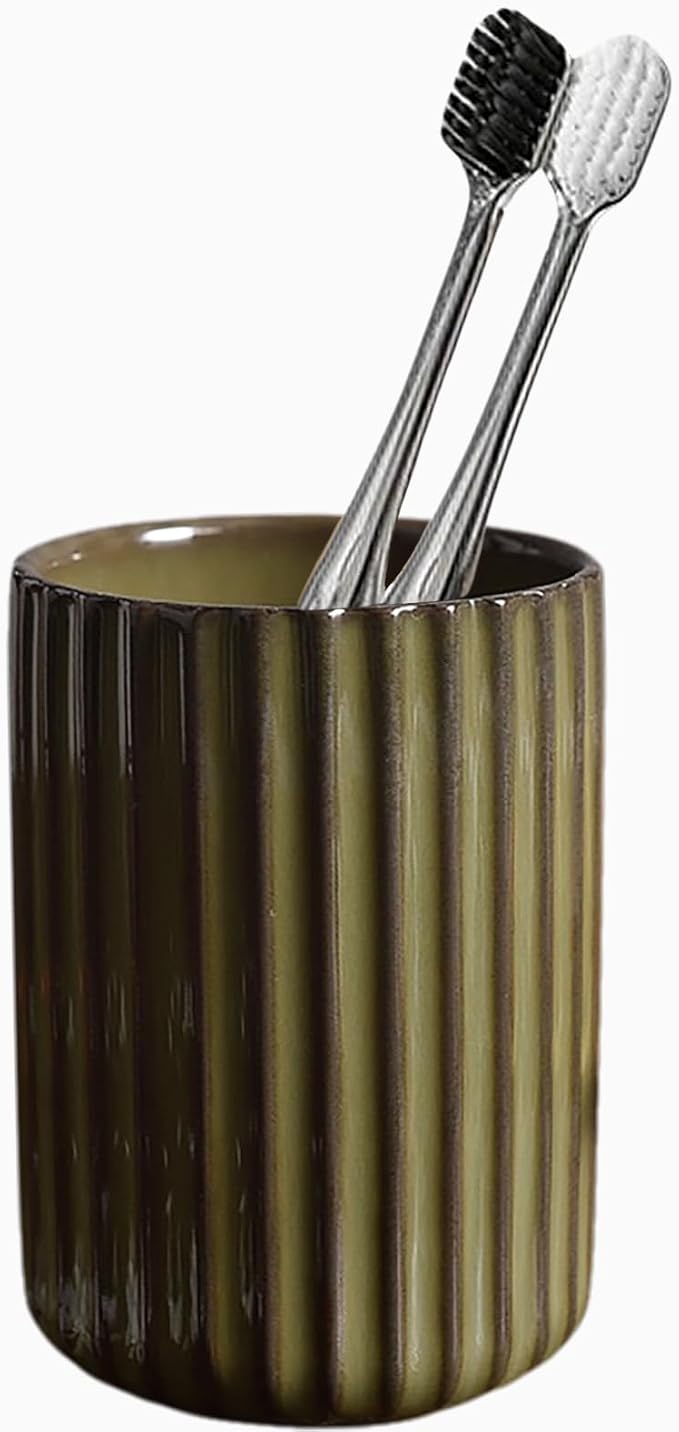 Ceramic Toothbrush Holder for Bathroom, Ceramic Toothbrush Cup, Toothpaste Organizer for Bathroom Countertop, Bathroom Storage Organizer, Kiln Transformation Cup (Green)