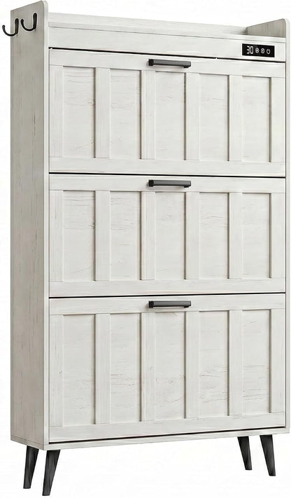 ChooChoo Shoe Storage Cabinet with 3 Flip Drawers, Deodorizing Shoe Organizer Storage for Entryway, Freestanding Hidden Slim Narrow Shoe Rack Cabinet, Antique White