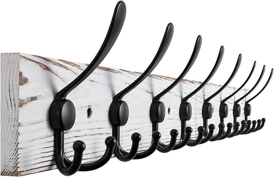 Kuhome 32.2'' Large Coat Rack Wall Mount Coat Hooks with 8 Metal Black Triple-Hooks Old White Pine Real Wood Plank Hat Rack for Wall Hooks