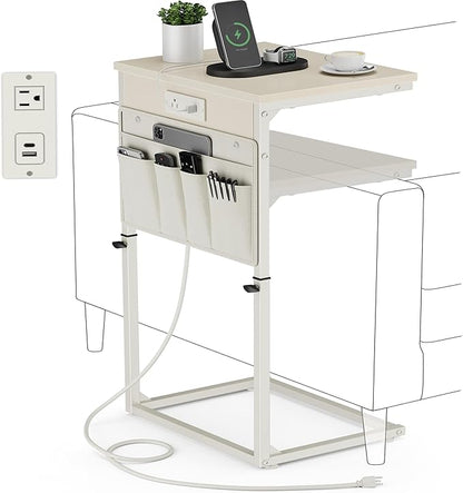 Vagusicc C Shaped End Table with Charging Station, 33" Tall Side Table for Couch, C Table Adjustable Height Small Couch Side Table, Slide Under Sofa Table TV Tray Arm Table for Living Room, Cream