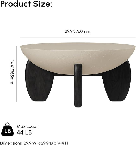 homary Round Concrete Coffee Table with Premium Walnut Ash Wood Legs, Modern Minimalist Cement Finish Center Table for Living Room (Black, 29.9" W x 29.9" D x 14.4" H)