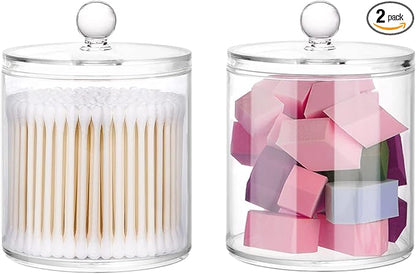 20-Ounce Qtip Holder Storage Canister Set of 2, Clear Plastic Apothecary Jar with Lid, Bathroom Makeup Organizer for Cotton Ball, Cotton Swab, Pads, Powder Puffs (2)