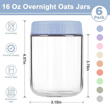 Overnight Oats Containers with Lids, 16oz Wide Mouth Mason Jars with Lids, 6 Pack Glass Jars with Airtight lid for Chia Pudding Yogurt Salad, Meal Prer Oatmeal Jars, Blue