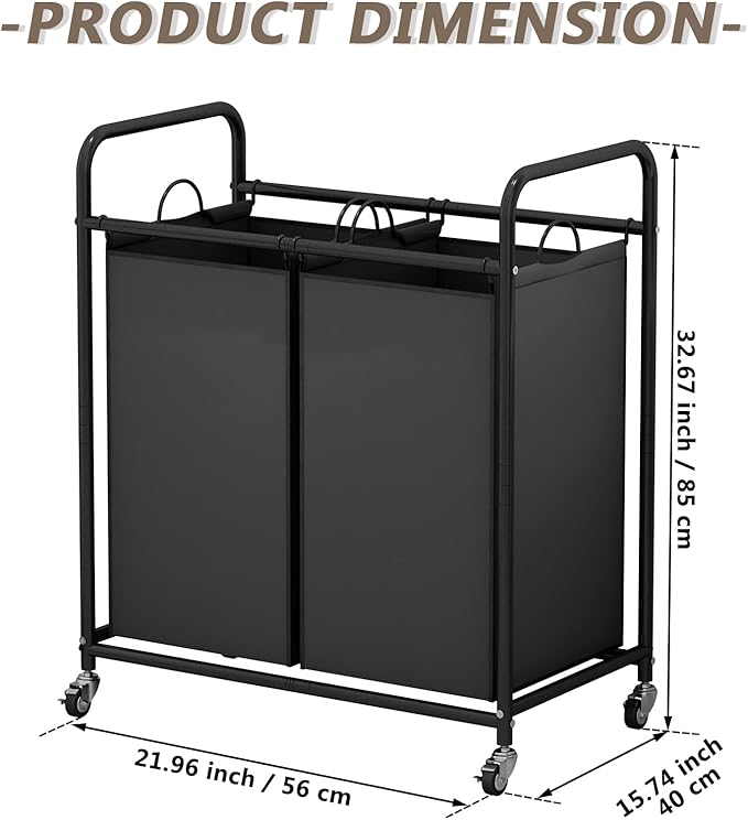 SUOERNUO Laundry Sorter Basket 2 Bag Laundry Hamper Cart with Rolling Lockable Wheels and Removable Bags Laundry Organizer Cart for Clothes Storage, Black