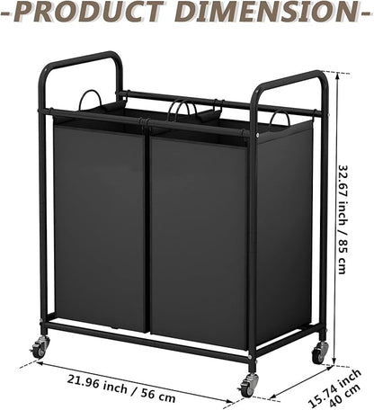 SUOERNUO Laundry Sorter Basket 2 Bag Laundry Hamper Cart with Rolling Lockable Wheels and Removable Bags Laundry Organizer Cart for Clothes Storage, Black