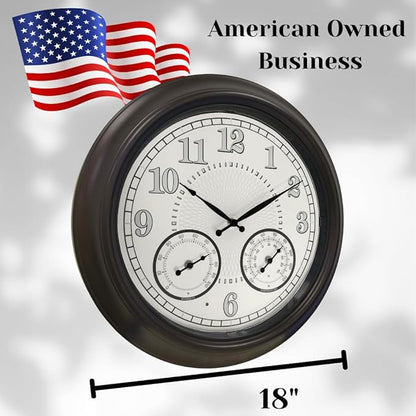 Illuminated Large Outdoor Clock - 18 inch Indoor Outdoor Night Light Wall Clock with Smart LED Sensor, Temperature and Humidity Combo - Weatherproof & Easy to Read for Pool, Patio & Home Decor