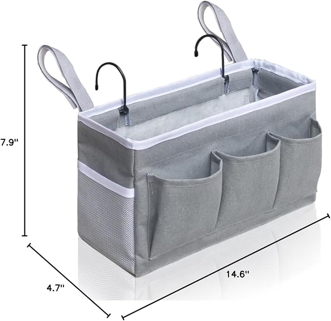 Kanrichu Bedside Caddy Hanging Storage Bag, Organizer Baskets with Pockets for Bunk Bed Accessories, Loft & Dorm Rooms Chair Bed Rails (Gray_1pcs)