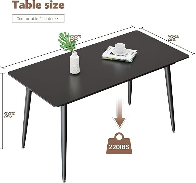 Dining Table, Sintered Stone Kitchen Table, 55'' Black Modern Rectangular Slate Patio Table with Metal Legs, Indoor Outdoor Stone Dining Table for Patio, Backyard, Scratch and Heat Resistant