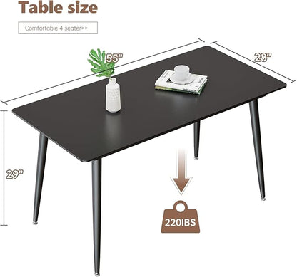 Dining Table, Sintered Stone Kitchen Table, 55'' Black Modern Rectangular Slate Patio Table with Metal Legs, Indoor Outdoor Stone Dining Table for Patio, Backyard, Scratch and Heat Resistant