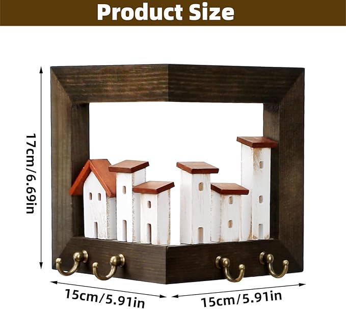 3D Key Holder Wall Mount, Rustic Wood Keys Hanger Organizer Rack for Wall with 4 Hooks and Village Scene, for Farmhouse Entryway Hallway Bedroom, Drilling and Assembly Required (Rustic)
