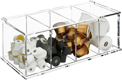 RR RAXMIN Coffee Capsule Holder Acrylic Box K Cup Holder Coffee Pod Storage Clear Acrylic 4 Compartment with Lid Organizer Coffee Bar Accessories