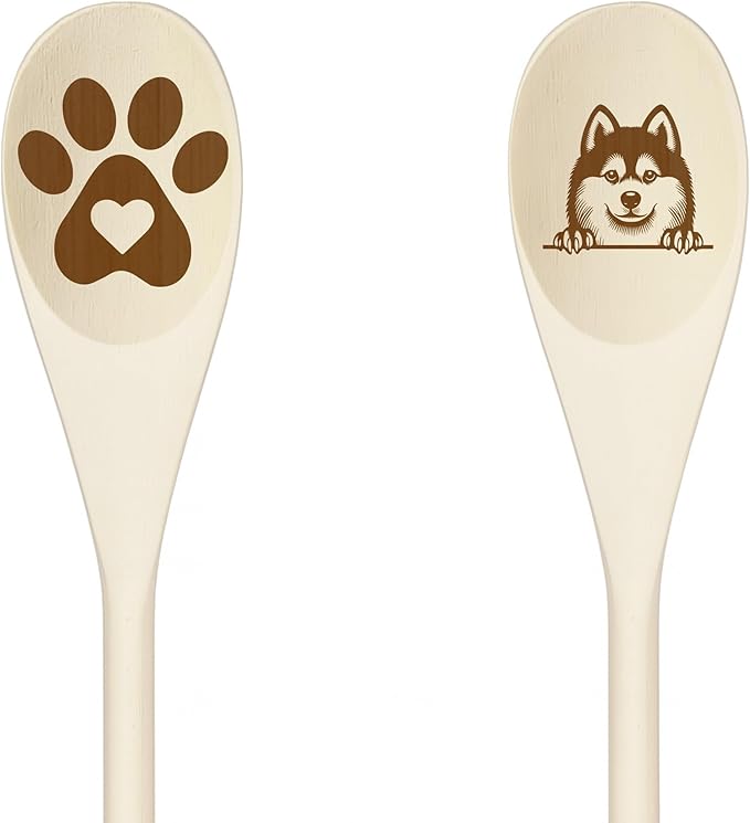 MINIATURE ESKIMO Wooden Spoons for Cooking, Serving or Decorative Kitchen Utensils Set Dog Lover Dog Mom/Dad Gift with Peeking Dog Designs, Paw Print and Dog Head, Kitchen Utensils Set of 2