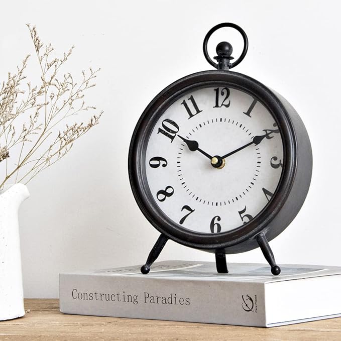 MACVAD Vintage Black Table Clock on Stand, Decorative Desk and Shelf Clock, Rustic Mantel Clock Farmhouse Clock Non-Ticking