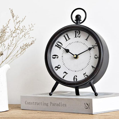 MACVAD Vintage Black Table Clock on Stand, Decorative Desk and Shelf Clock, Rustic Mantel Clock Farmhouse Clock Non-Ticking