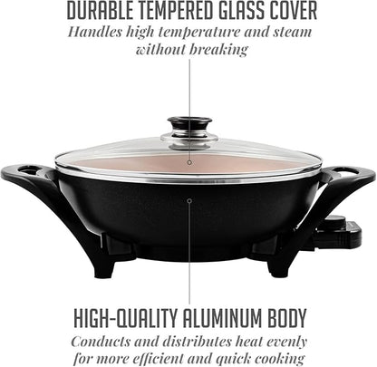 OVENTE Electric Wok with Nonstick Coating, 13 Inch Family-Sized Skillet, 1400W Power, Adjustable Temperature, Tempered Glass Lid, Cool Touch Handles and Easy to Clean Frying Surface, Copper SK3113CO