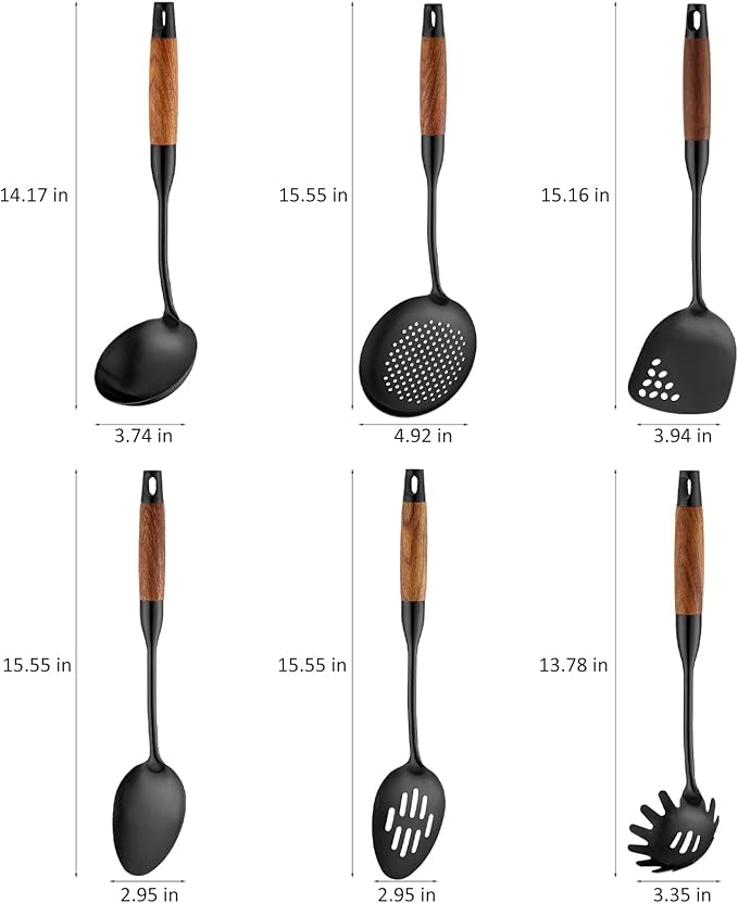 Stainless Steel Kitchen Utensils Set with Wood Handle, 18/10 Metal Cooking Utensils Set, 6-Piece - Spatula, Spoon, Ladle, Skimmer, Slotted Spoon, Pasta