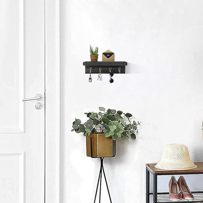 Rustic Key Holder for Wall, Farmhouse Wall Shelf with 4 Hooks, Wall Mounted Key Racks, Wooden Mail Organizer with Hooks for Entryway (Black - Pine)