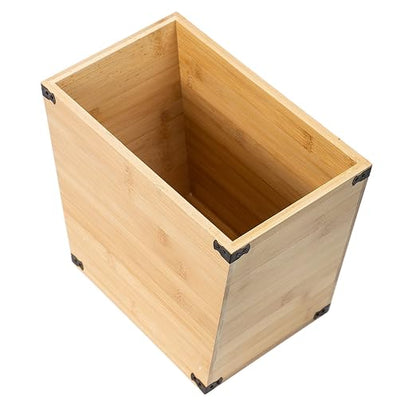 Grey Farmhouse Style Torched Wood Trash Can Waste Bin with Decorative Metal Brackets Trash Can for Bedroom,Living Room, Bathroom & Office (Bamboo Color)
