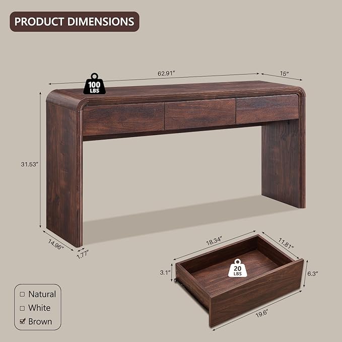 63'' Console Table with 3 Drawers, Modern Entryway Table with Curved Profile Design, Narrow Long Wood Sofa Table Behind Couch Table for Living Room, Hallway, Foyer, Brown