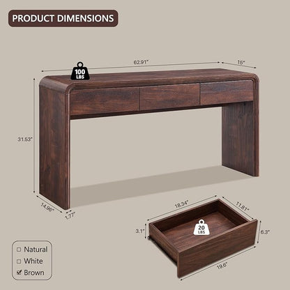 63'' Console Table with 3 Drawers, Modern Entryway Table with Curved Profile Design, Narrow Long Wood Sofa Table Behind Couch Table for Living Room, Hallway, Foyer, Brown