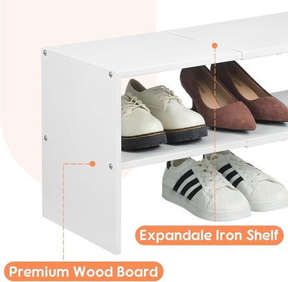 2-Tier Expandable White Shoe Rack Organizer for Closet, Stackable Shoe Rack Storage Shelf, Small Iron Wood Combination Shoe Shelves for Closets,Entryway,Front Door, Narrow Space,Hallway,6-12 Pairs