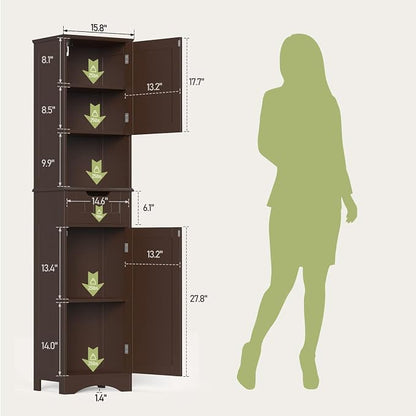 Gizoon 67" H Tall Bathroom Cabinet, Storage Cabinet with 2 Doors & Drawer, Narrow Linen Tower Freestanding Adjustable Shelves for Home, Kitchen, Versatile, Anti-Tipping, Dark Brown | Tall