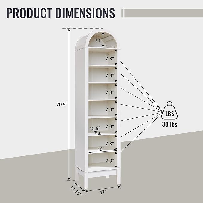71" Tall Arched Bathroom Storage Cabinet, 8-Tier Modern Farmhouse Storage Cabinet with Adjustable Shelves, Wood Freestanding Cabinet for Bathroom, Living Room, Entryway, Hallway (Antique White)