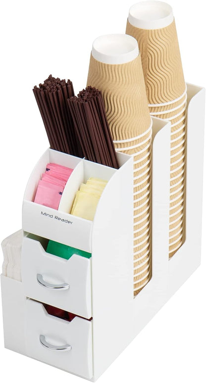 Mind Reader Cup and Condiment Station, Countertop Organizer, Coffee Bar, Kitchen, Stirrers, 5.375"L x 12"W x 11.25"H, White