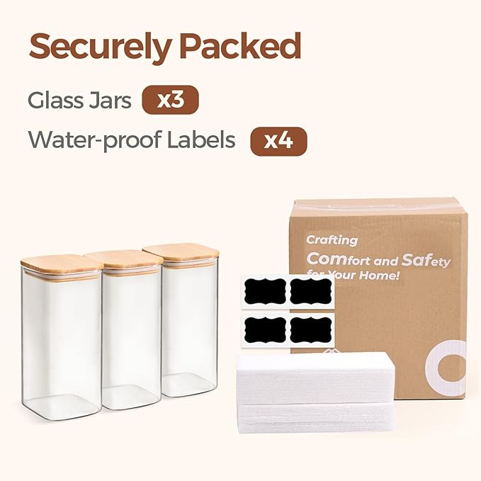 ComSaf 1.6 Qt Square Glass Jars with Bamboo Lids Set of 3, Space-Saving Glass Pantry Storage Containers, Airtight Clear Glass Storage Containers with Wide 3.9" Mouth for Coffee, Sugar, Short Pasta