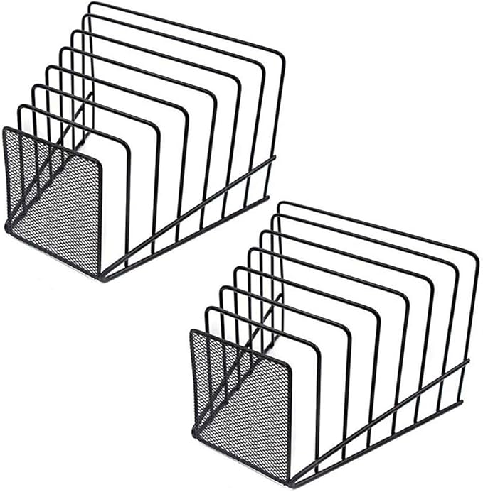 2 Pack Multi Step File Organizer Incline Desktop File Sorter Metal Wire Mesh Step File Letter Sorter, 7 Sections, Black