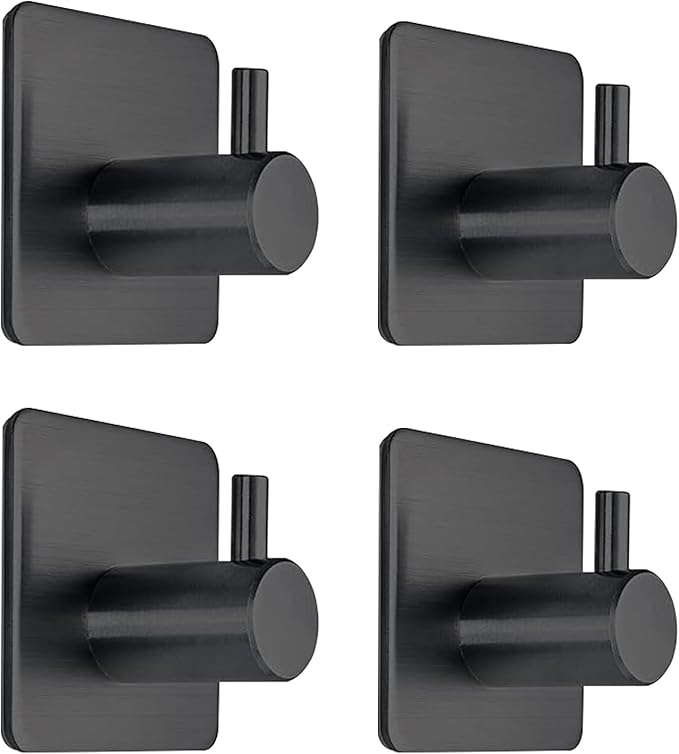 Black Adhesive Towel Hooks Heavy Duty Stick on Wall Hooks Shower Hooks for Bathroom Kitchen Door-4 Packs