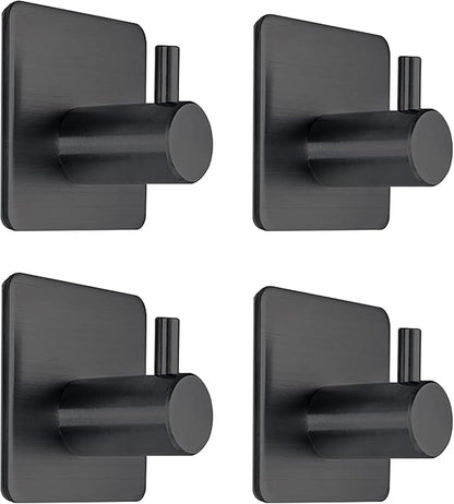 Black Adhesive Towel Hooks Heavy Duty Stick on Wall Hooks Shower Hooks for Bathroom Kitchen Door-4 Packs
