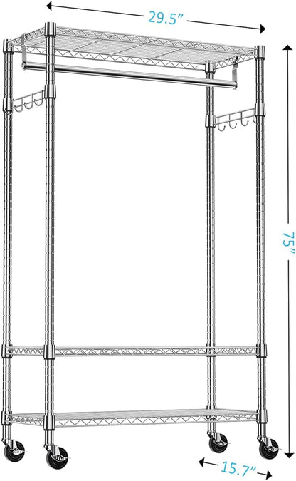IZEUK Heavy Duty Rolling Garment Rack Wire Clothes Rack for Hanging Clothes (Chrome, 3 Tier with 2 Rod, 29.5" W x 15.7" D x 75" H)