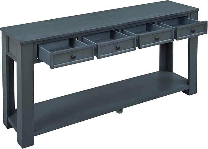 LKTART Solid Wood Console Table, Long Sofa Table Entryway Table with 4 Drawers and Bottom Shelf for Hallway Living Room Couch Table,Easy Assembled (63" Navy)