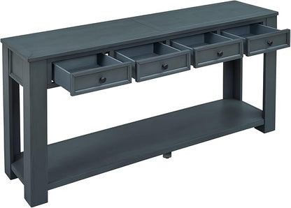 Knocbel Console Table with 4 Storage Drawers Bottom Shelf, Rustic Distressed Sofa Table for Entryway Hallway, Assembly Required, 63" W x 14" D x 30" H, Navy