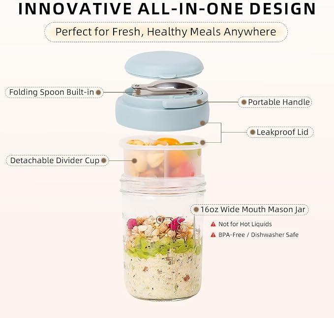 UWILLION Overnight Oats Containers with Handles, 16 oz Glass Mason Jars with Lids, Folding Spoons & Topping Compartments, Yogurt Parfait Cups for Meal Prep, Chia Pudding, Breakfast to Go, 4 Pack