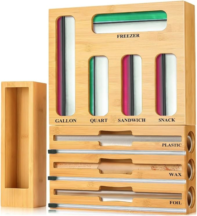 9 in 1 Storage Bag Organizer for Kitchen Drawer, Foil and Plastic Wrap with Cutter, Organizers Compatible Gallon, Quart, Sandwich Snack