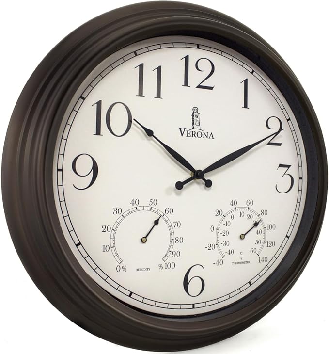18 inch Outdoor Clocks for Patio Large Waterproof with Thermometer - Black Indoor Outdoor Clock with Temperature and Humidity for Wall - Weatherproof, Accurate & Easy to Read for Pool, Patio & Garden