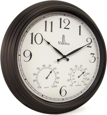18 inch Outdoor Clocks for Patio Large Waterproof with Thermometer - Black Indoor Outdoor Clock with Temperature and Humidity for Wall - Weatherproof, Accurate & Easy to Read for Pool, Patio & Garden
