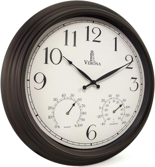 18 inch Outdoor Clocks for Patio Large Waterproof with Thermometer - Black Indoor Outdoor Clock with Temperature and Humidity for Wall - Weatherproof, Accurate & Easy to Read for Pool, Patio & Garden