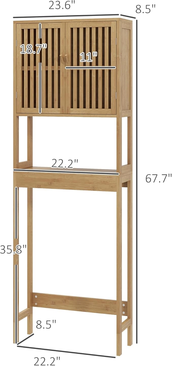 HOMCOM Bamboo Over The Toilet Storage Cabinet, Over Toilet Bathroom Organizer with Slatted Doors, Adjustable Shelf and Open Shelf, Natural