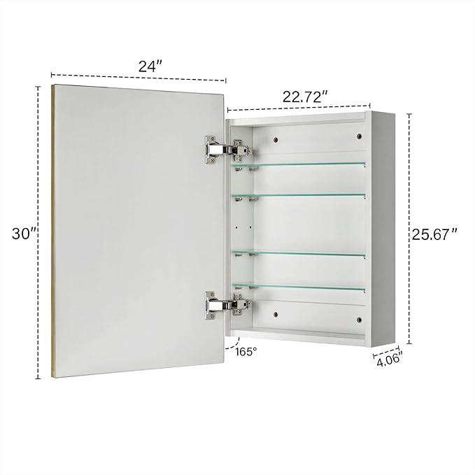 TEHOME 24'' x 30'' Brushed Gold Recessed and Surface Mount Bathroom Medicine Cabinet with Mirror Brushed Gold Square Cornered Metal Framed Rounded Rectangle Medicine Cabinet Mirror