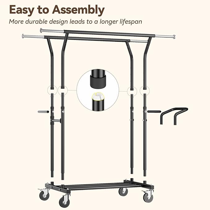 800LBS Heavy Duty Clothes Rack: Rolling Clothing Rack for Hanging Coat Double Rods Portable Wardrobe Garment Racks with Wheels Shelf Sturdy Metal Adjustable Bedroom Laundry Living Room