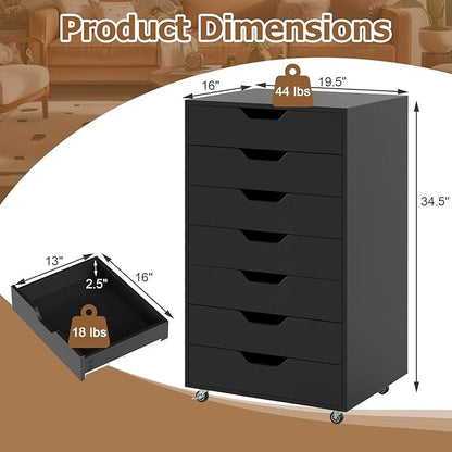Giantex 7-Drawer Storage Cabinet, Mobile File Organizer with 4 Universal Casters, Wooden Vertical Filing Cabinet on Lockable Wheels for Office, Study, Living Room (19.5” x 16” x 34.5”,Black)
