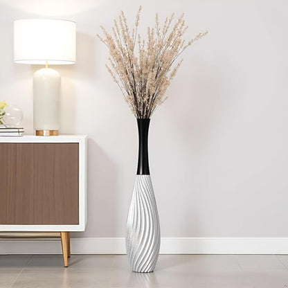 23.6" Silver Tall Vases - Black Neck Teardrop Tall Floor Vase with Textured Vertical Lines & Speckled Finish, Modern Decorative Floor Vase for Living Room, Office, Wedding Decor - Resin