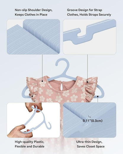 Plastic Kids Hangers, Pack of 100, Ultra Slim Closet Hangers, Non-Slip, Space-Saving, Sturdy, 14" W x 7" H (for Children Aged 7-12 Years), Light Blue, UAPY07100L